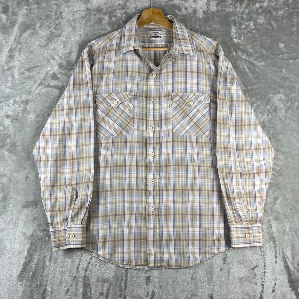 Vintage 70s Levis Button Up Shirt Mens L Plaid Long Sleeve Pocket Western